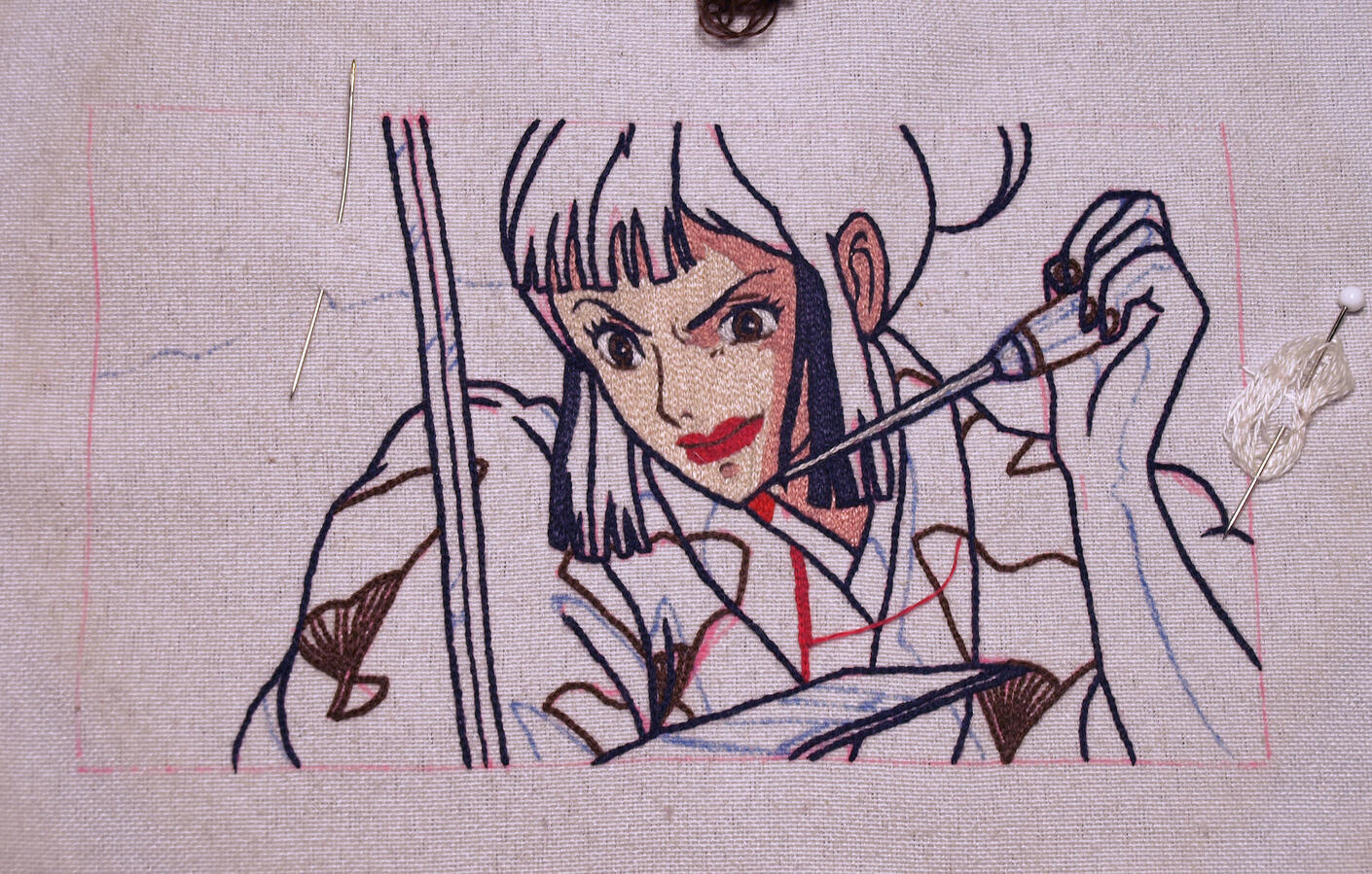 Lady Eboshi, 2024. Bordado en puntada cadeneta sobre lino sansón, hilo mercerizado de algodón tipo mouliné marca DMC.