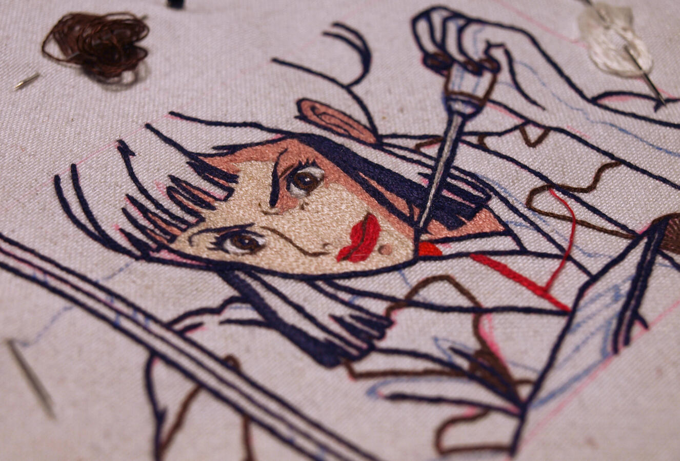 Lady Eboshi, 2024. Bordado en puntada cadeneta sobre lino sansón, hilo mercerizado de algodón tipo mouliné marca DMC.